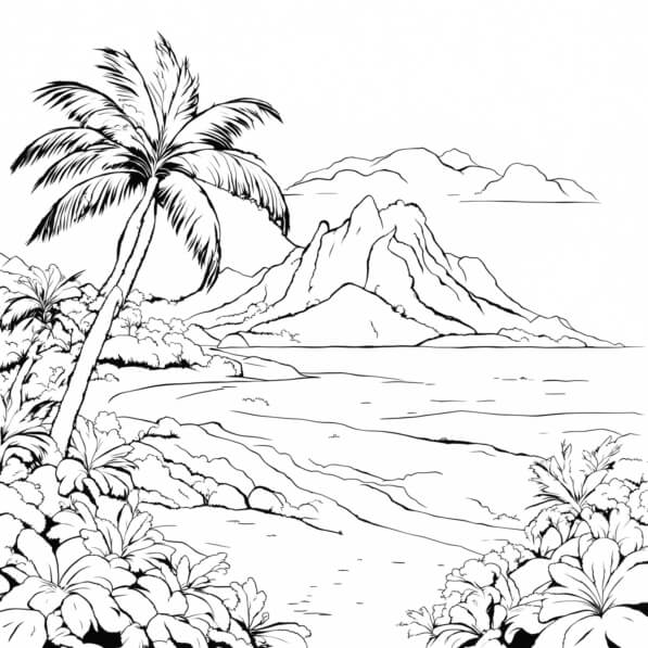Download Tropical Beach with Palm Trees and Mountains Coloring pages ...