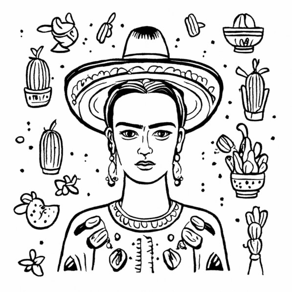 Download Frida Kahlo Coloring Page with Cactus Coloring pages Online