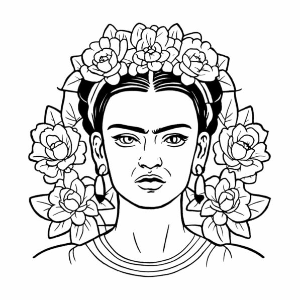 Download Frida Kahlo Black and White Drawing with Flowers Coloring pages Online - Creative Fabrica