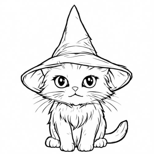 Download Black and White Cat in Witch Hat with Halloween Coloring Pages ...