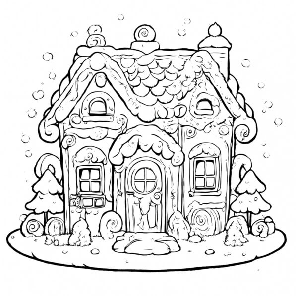 Download Gingerbread House Coloring Page with Snowflakes Coloring pages