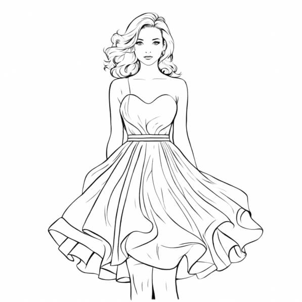 Download Fashionable Woman in Elegant Dress Coloring pages Online