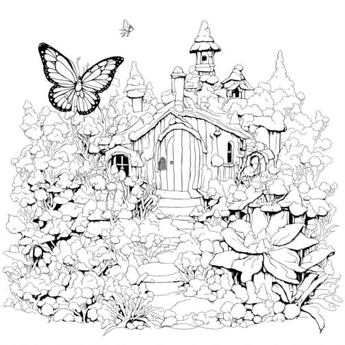 Download Fairy House in Garden with Flowers and Plants Coloring pages