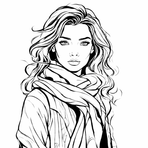 Download Black and White Drawing of a Woman with Long Curly Hair and ...
