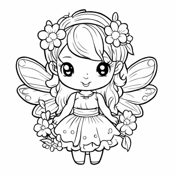 Download Cute Fairy with Flowers Coloring pages Online - Creative Fabrica