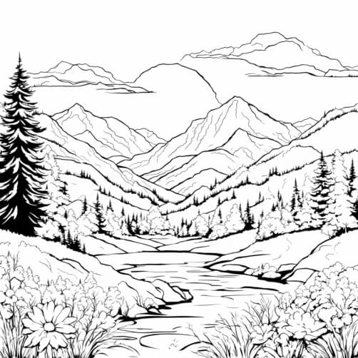 Download Black and White Mountain Landscape with Flowers Coloring pages ...