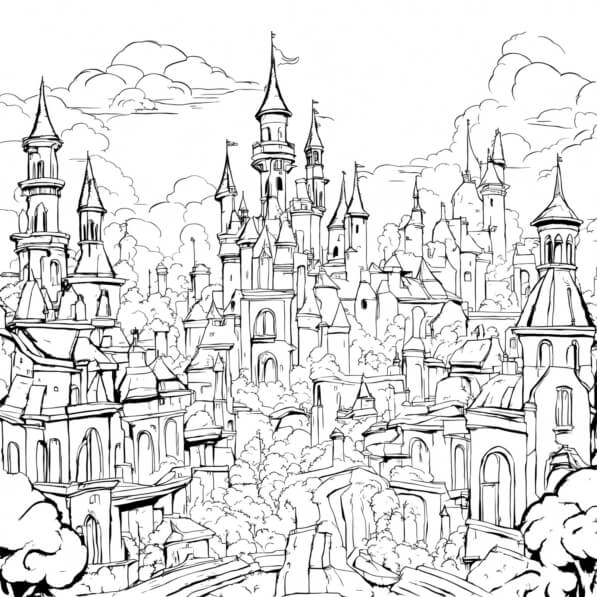 Download Black and White Drawing of a City with Castles and Towers ...