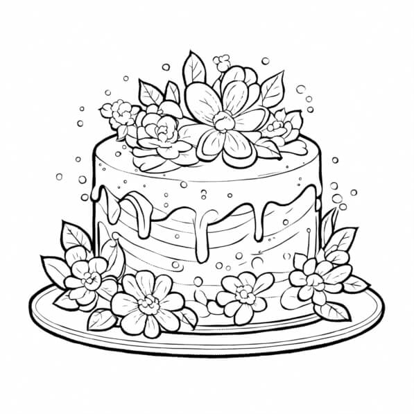 Download Coloring Page with Cake and Flowers Coloring pages Online ...
