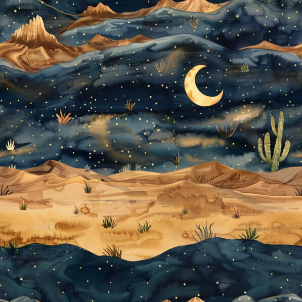 Download Desert Landscape with Cactuses, Mountains, Moon, and Stars ...