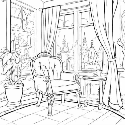 Black and White Drawing of Living Room with Antique Chair Black and White Drawing of Living Room with Antique Chair thumbnail