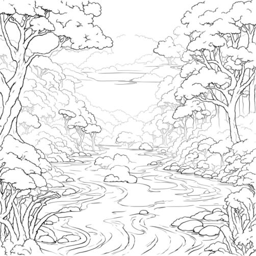 Download Black and White River in Forest - Coloring Book Illustration ...