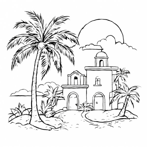Download Black and White Beach House with Palm Trees Coloring pages ...