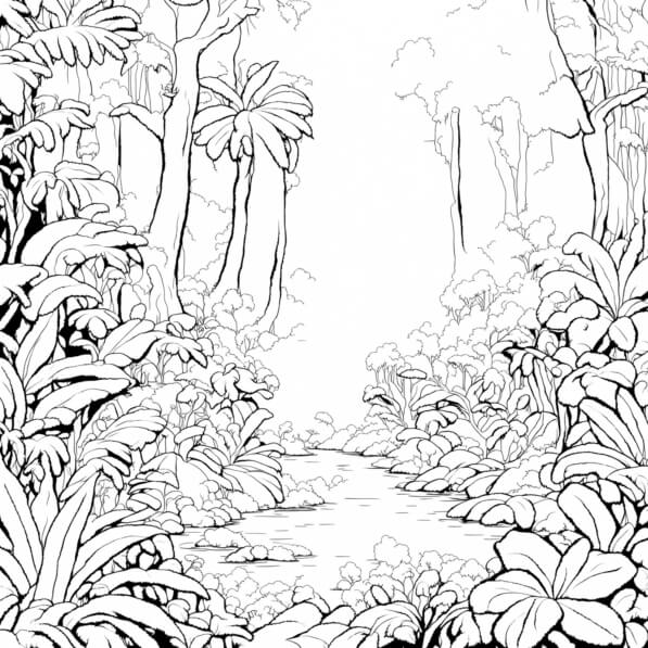 Descarga Página para Colorear de la Selva con Árboles y Cascadas