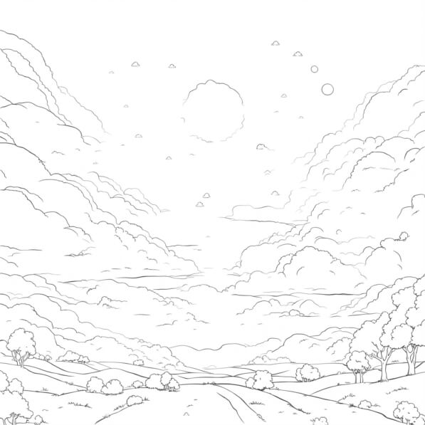 Download Tranquil Landscape with Trees and Clouds Coloring pages Online ...