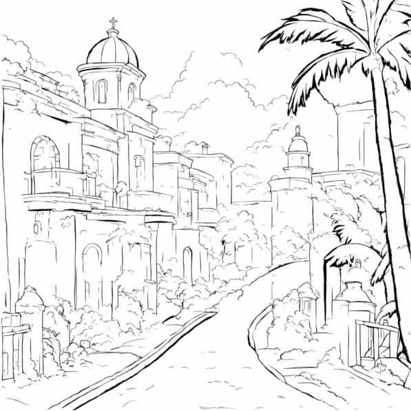 Download Street Scene with Palm Trees and Buildings Coloring pages ...