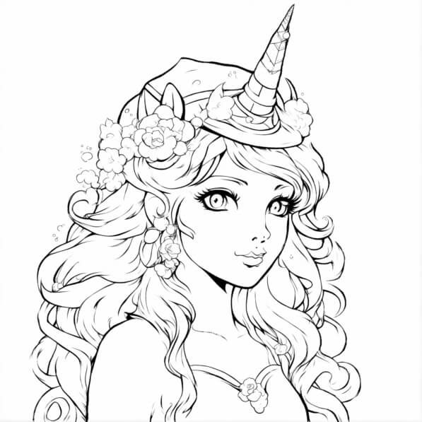 Download Unicorn Coloring Page with Girl and Unicorn Horns Coloring ...
