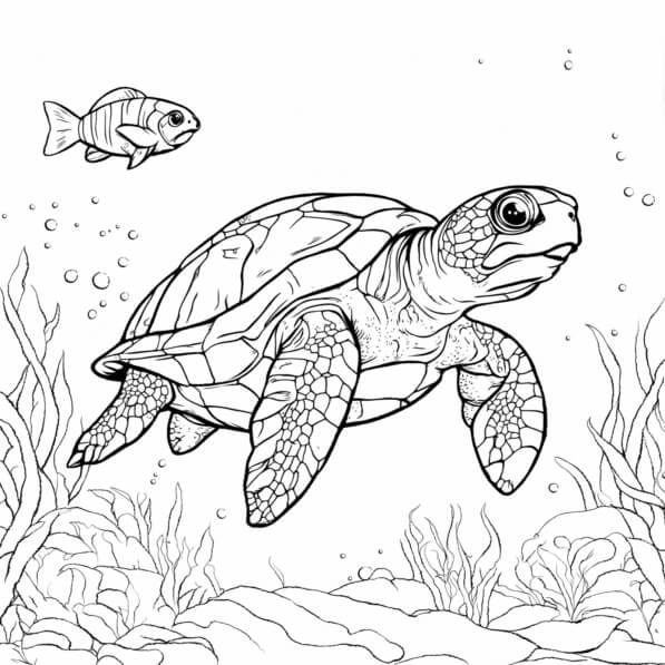  Schildkröte schwimmt im Meer mit Fischen und Korallen Malvorlagen Motiv 