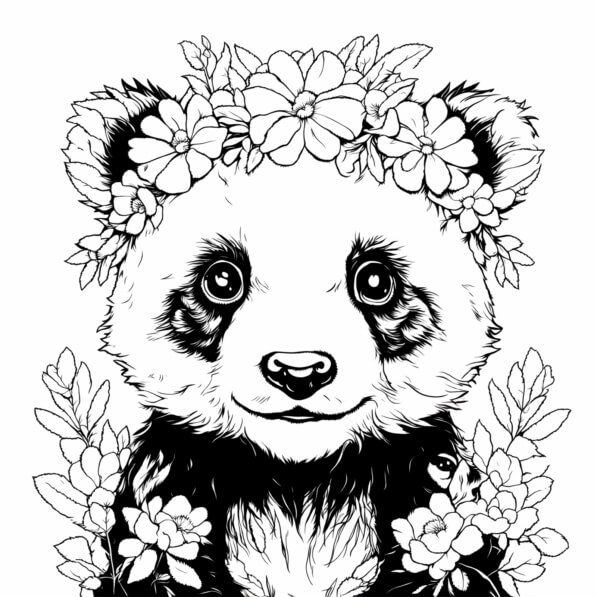 Download Panda Bear with Flowers Coloring pages Online - Creative Fabrica