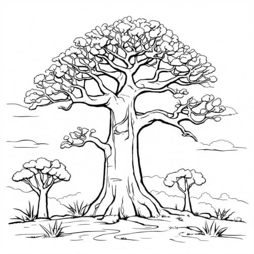 Download Baobab Tree Drawing in African Landscape Coloring pages Online ...