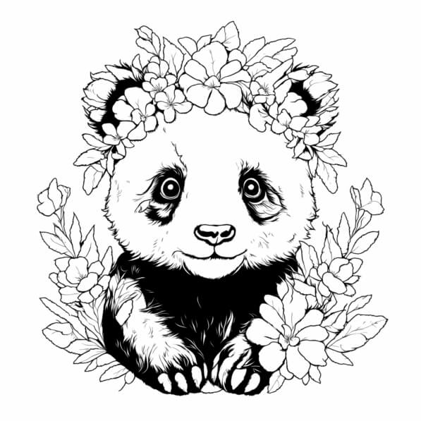 Download Adorable Panda Bear Drawing with Flowers Coloring pages Online ...