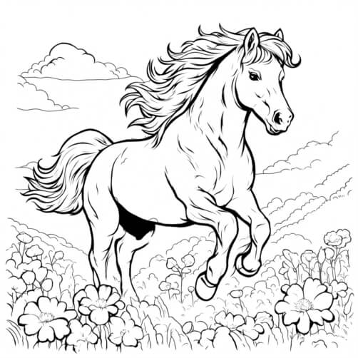 Horse Running in Field with Flowers Sketches thumbnail