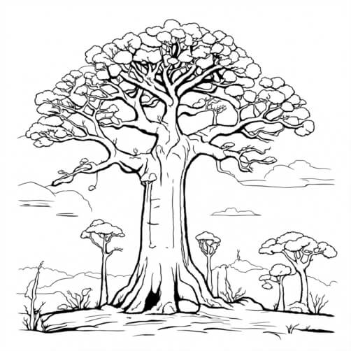 Download African Baobab Tree Coloring Page with Mountains Coloring ...