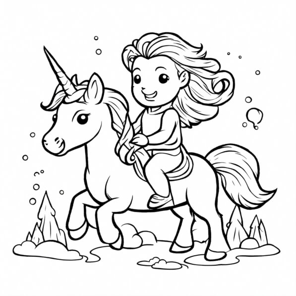 Download Girl Riding Unicorn in Snow Coloring Page Coloring pages