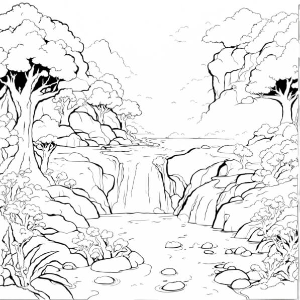 Download Black and White Drawing of a Waterfall with Trees and Rocks ...