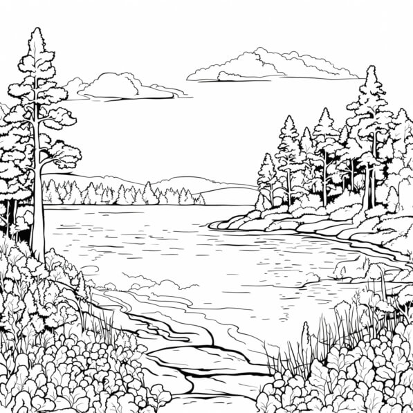 Download Serene Landscape with Trees and Water Coloring pages Online ...