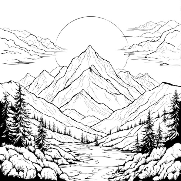 Download Black and White Mountain Landscape Drawing Coloring pages ...