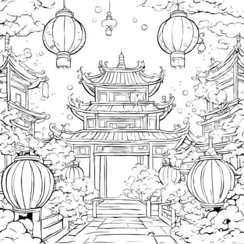 Download Asian-Themed Coloring Page with Flowers and Chinese Lanterns ...