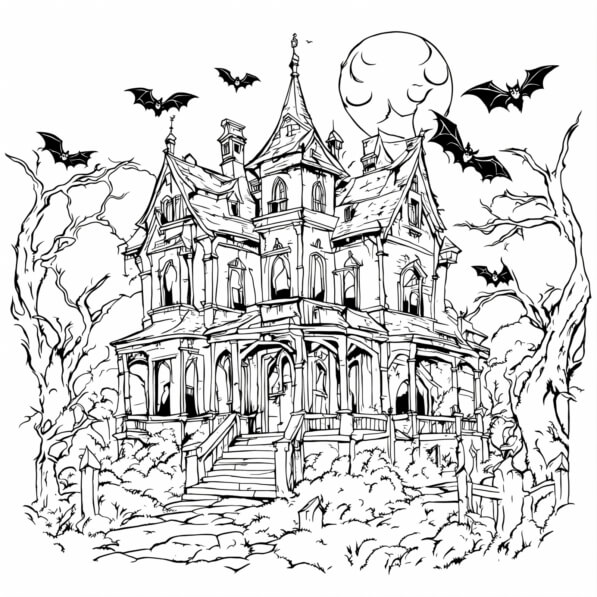 Download Spooky Halloween House Coloring Page with Bats and Pumpkins ...