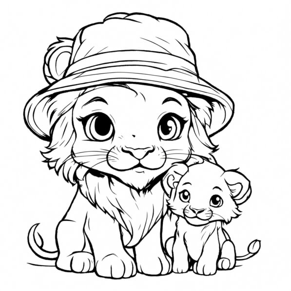 Download Baby Lion Cub Coloring Page with Hat and Teddy Bear Coloring
