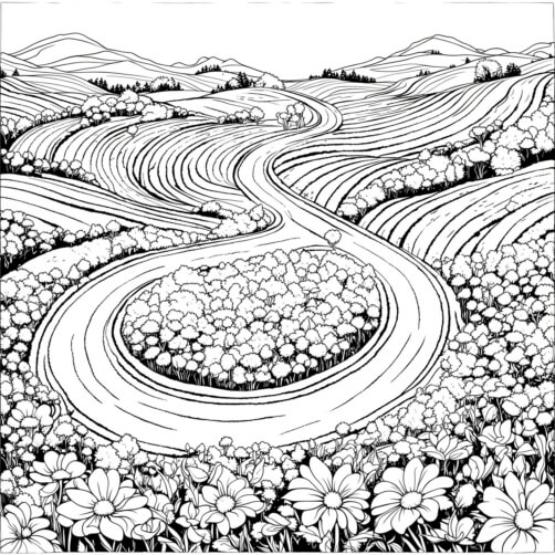 Download Black and White Drawing of Winding Road with Flowers Coloring ...
