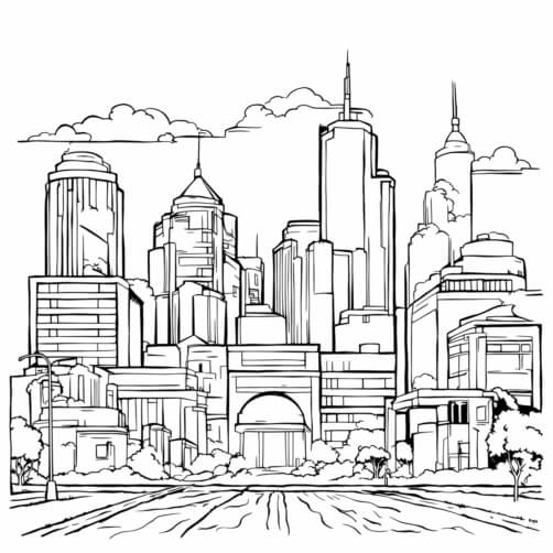 Download Cityscape Coloring Page with Trees and Buildings Coloring ...