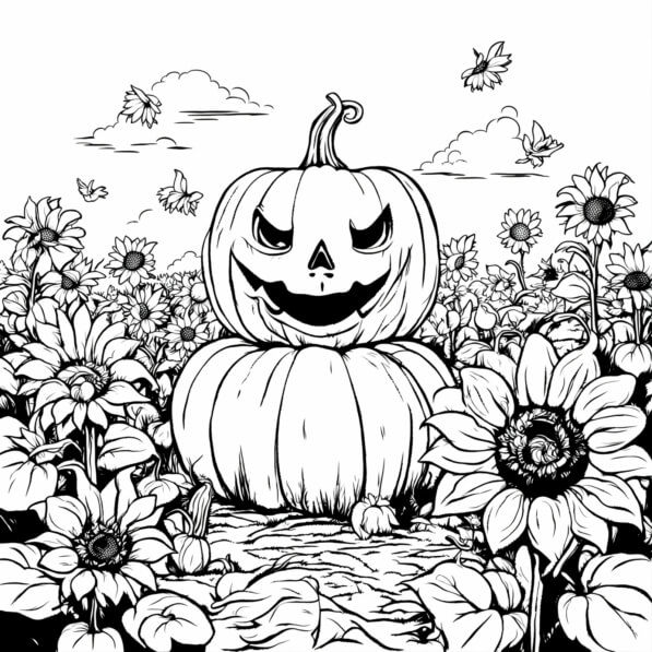 Download Black and White Halloween Pumpkin with Sunflowers Coloring ...