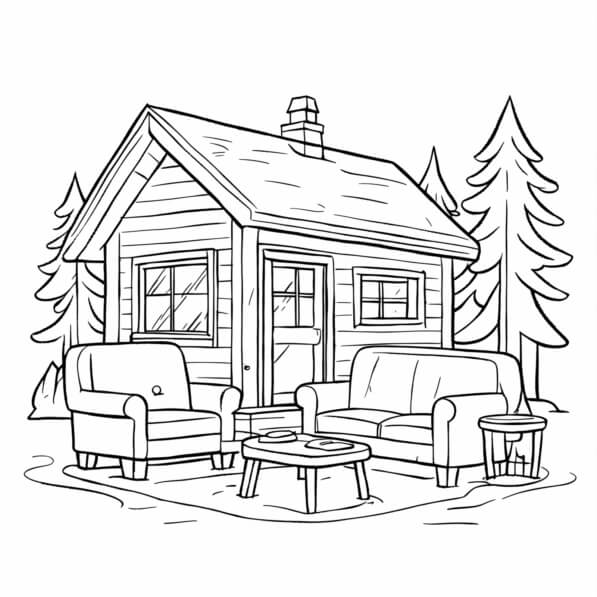 Download Serene Cabin in the Woods Coloring pages Online - Creative Fabrica