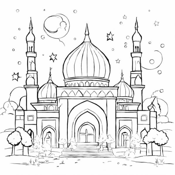 Mosque Colorful Printable Download Mosque Coloring Page with Stars and Moon Coloring pages Online ...