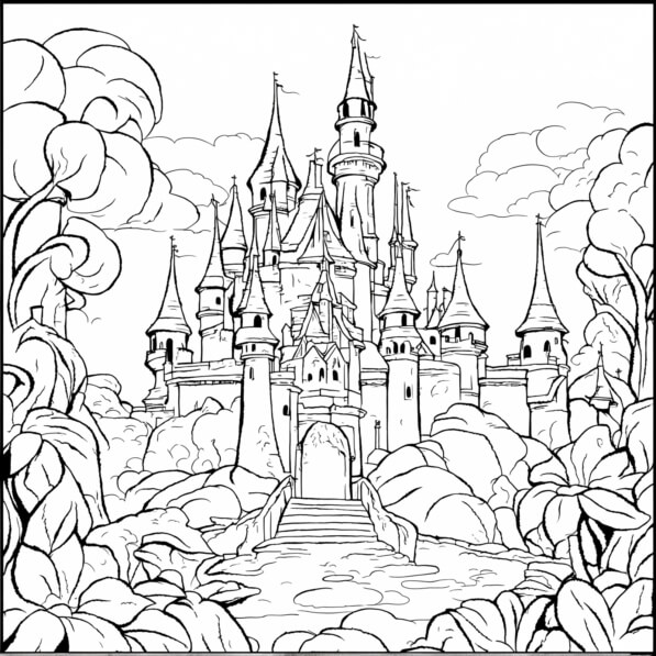 Download Disney Castle Coloring Page with Trees and Flowers Coloring