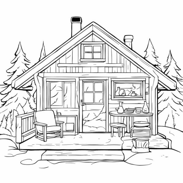 Download Serene Cabin in the Woods Coloring pages Online - Creative Fabrica