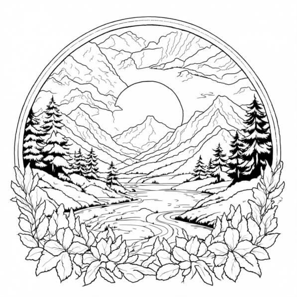 Download Black and White Mountain Landscape Coloring pages Online ...