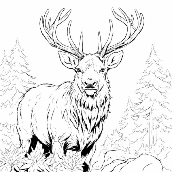 Download Majestic Deer in Forest Coloring pages Online - Creative Fabrica