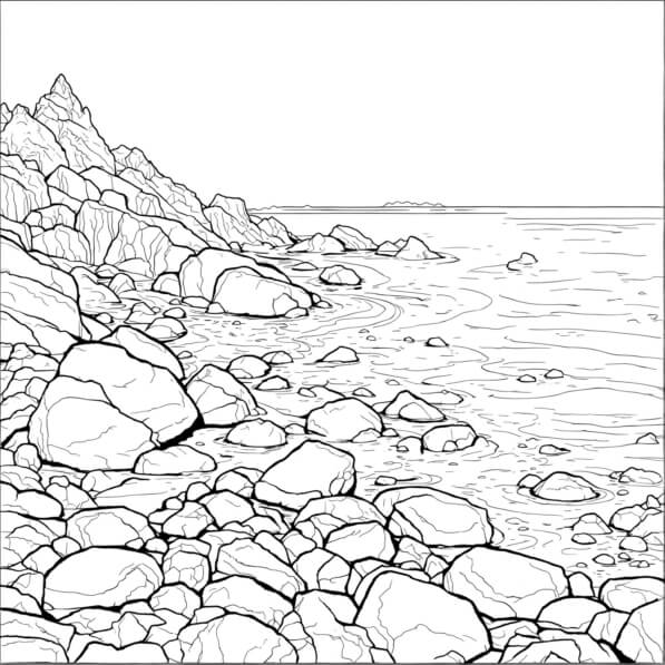 Download Seascape Coloring Page: Rocks on the Shore Coloring pages