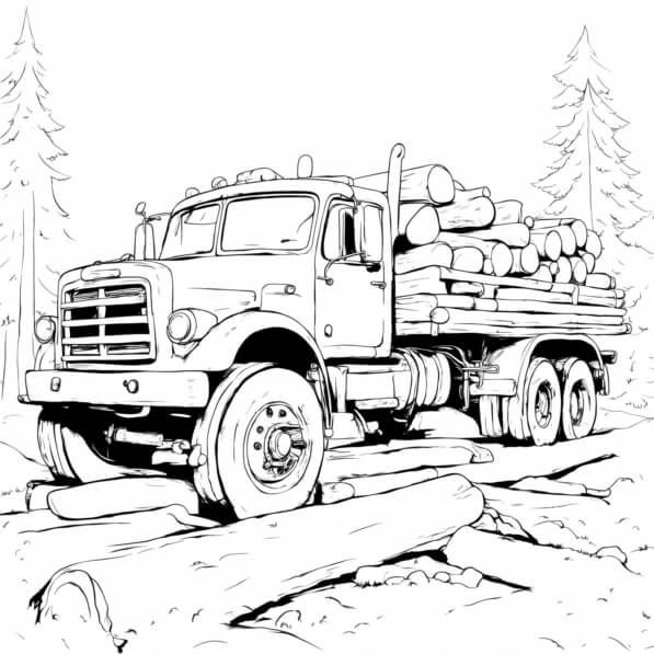 Download Logging Truck with Logs Coloring pages Online - Creative Fabrica