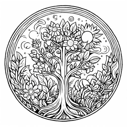 Download Adult Coloring Page with Tree and Flowers Coloring pages ...