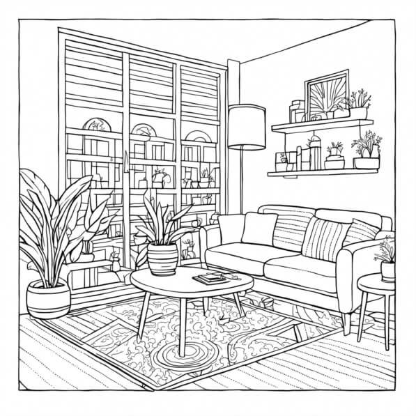 Download Black and White Living Room Drawing Coloring pages Online ...
