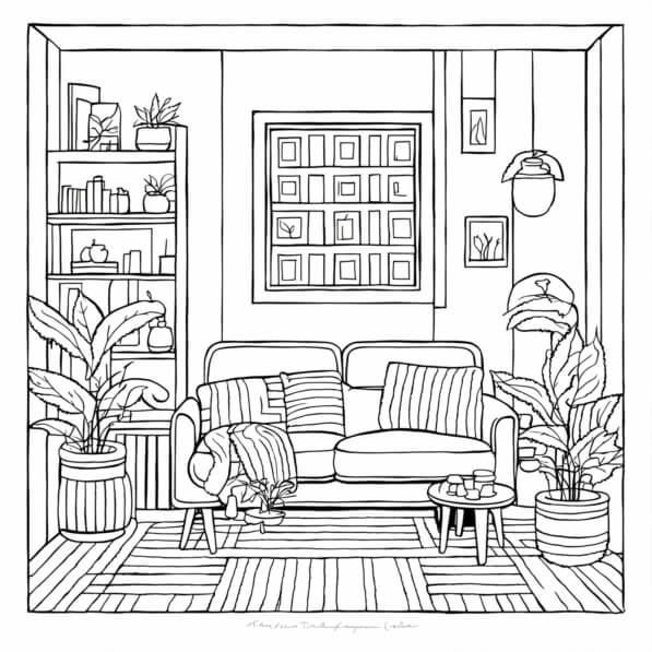 Download Interior Design Coloring Page: Empty Living Room for Adults