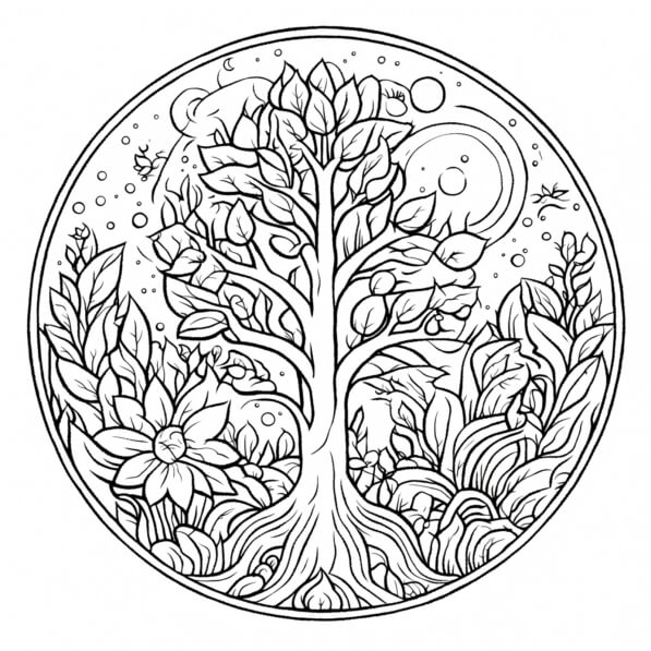 Download Adult Coloring Page with Tree and Flowers Coloring pages ...