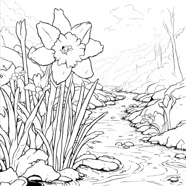 Download Serene Stream with Flowers and Rocks Coloring pages Online ...