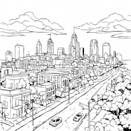 Download Black and White City Skyline Drawing with Trees and Clouds ...
